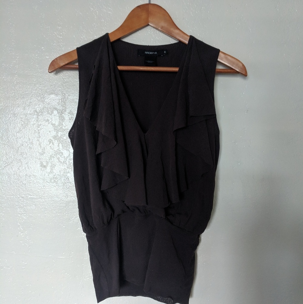 Brown mesh ruffle v neck top